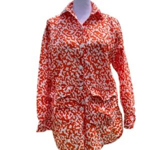 Albert Nipon Orange and White Button Down Shirt with Notched Collar Small
